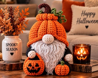 Schema per realizzare all'uncinetto uno gnomo di zucca di Halloween, PDF, decorazione amigurumi