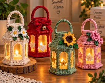 Schema PDF per lanterna all'uncinetto, decorazione per la casa per tutte le stagioni, porta luci a LED, lanterna floreale, uncinetto natalizio, download digitale