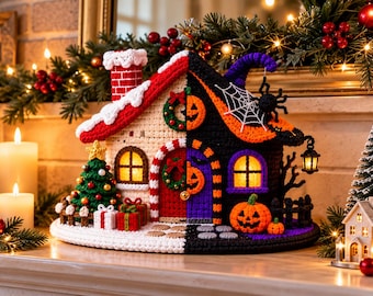 Schema PDF per realizzare una casetta all'uncinetto per Natale e Halloween, 2 in 1: casa del villaggio natalizio, decorazioni per il villaggio di Natale, schema per una casa stregata all'uncinetto