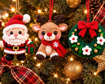 Schema PDF per decorazioni natalizie all'uncinetto, trio di ghirlande con Babbo Natale e renne, decorazioni natalizie amigurumi, schema per decorazioni per l'albero di Natale