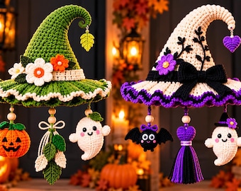 Modello PDF per cappello da strega all'uncinetto, ornamento per Halloween a forma di cappello da strega, decorazioni di Halloween all'uncinetto, decorazioni per la casa a tema stregoneria, decorazione spettrale all'uncinetto
