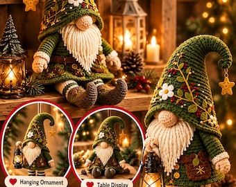 Schema PDF per realizzare un gnomo natalizio del bosco all'uncinetto, gnomo rustico amigurumi, decorazione natalizia all'uncinetto, schema per gnomo della foresta