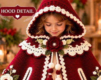 Modello per mantellina all'uncinetto con motivo floreale bordeaux, poncho con cappuccio e applicazioni di rose, bordo in pizzo vintage, PDF digitale