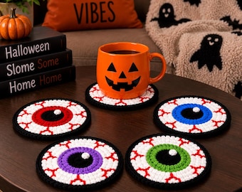Schema per sottobicchiere a forma di occhi all'uncinetto, 5 sottobicchieri all'uncinetto per Halloween in formato PDF, sottotazza a forma di occhio spettrale, decorazioni di Halloween con schema per occhi all'uncinetto
