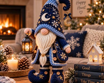 Schema per gnomo all'uncinetto, gnomo celeste invernale in PDF, gnomo amigurumi con lanterna