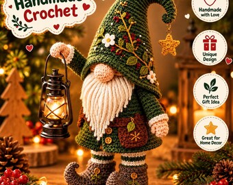 Schema PDF per gnomo natalizio del bosco all'uncinetto, gnomo rustico amigurumi, decorazioni natalizie all'uncinetto, schema gnomo della foresta