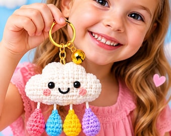 Schema per portachiavi a forma di nuvola all'uncinetto, ciondolo a goccia di pioggia amigurumi, accessorio carino per borsa, tutorial PDF a forma di nuvola kawaii