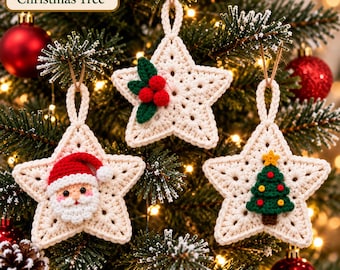 Set di 3 modelli per decorazioni natalizie a forma di stella all'uncinetto, viso di Babbo Natale con albero di agrifoglio e bacche in formato PDF, accogliente decorazione natalizia amigurumi, decorazione all'uncinetto per principianti
