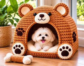 Schema per cuccia all'uncinetto per cani, cuccia per animali domestici a forma di orsacchiotto in formato PDF, schema per letto all'uncinetto per cani, accogliente grotta per animali domestici, cuccia per cani di piccola taglia, download immediato