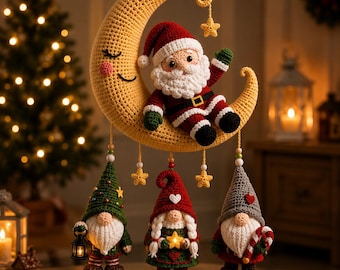 Crochet Christmas Hanging Decors Pattern, Santa Moon Ornament, Gnome Christmas Mobile, Holiday Crochet PDF Pattern