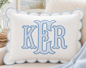 Personalized Gingham Scalloped Lumbar Pillow Cover, Embroidered Monogram Nursery Decor