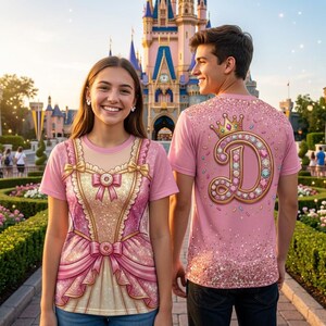 Puede incluir: Dos camisetas de manga corta con diseños en rosa y dorado. Una camiseta muestra un corpiño estampado con lazos y tela brillante. La otra camiseta presenta una letra D grande decorada con gemas de colores y una corona, rodeada de chispas.
