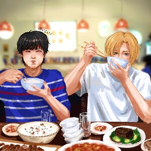 May include: A digital illustration of two individuals eating at a table. One person with black hair wears a blue striped shirt, while the other with blonde hair wears a white shirt. They hold bowls and chopsticks. The text Oishii is visible.