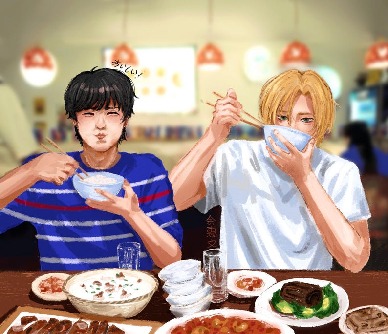 May include: A digital illustration of two individuals eating at a table. One person with black hair wears a blue striped shirt, while the other with blonde hair wears a white shirt. They hold bowls and chopsticks. The text Oishii is visible.