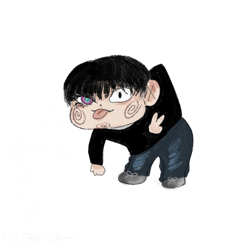 May include: A digital illustration of a cartoon character with black hair, wearing a black long-sleeved shirt and dark blue pants. The character has a spiral design on each cheek, a pink and blue swirl in one eye, and is making a peace sign gesture.