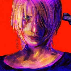 May include: A digital painting of a person with short blonde hair against a vibrant red background. The person has green eyes and is wearing a dark blue shirt. A black handgun is visible on the right side. The Chinese characters 余惠文 are present.