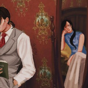 May include: A digital illustration depicting a person in a grey vest and white shirt reading a green book titled Islands of the Sun, while another person in a blue sleeveless top is visible in a wooden oval mirror against a red patterned wall.