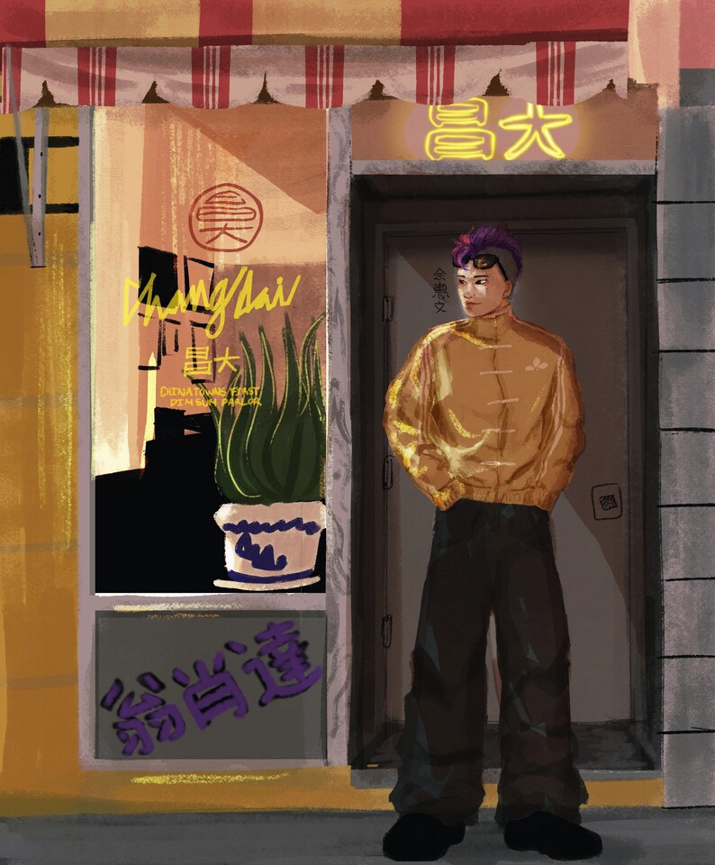 May include: A digital illustration of a person with purple hair wearing a gold jacket and dark pants standing in front of a storefront. The window displays a potted plant and text reading Chang Dai, Chinatown's Finest Dim Sum Parlor, and Chinese characters.