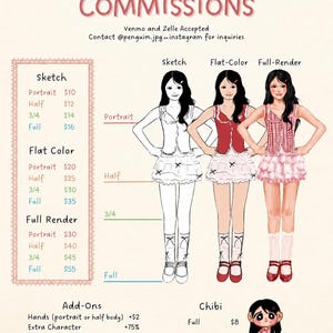 May include: A digital art commission price sheet featuring three illustrations of a person in a red and white outfit, labeled Sketch, Flat-Color, and Full-Render. The text includes COMMISSIONS, pricing tiers, and a small Chibi character illustration.