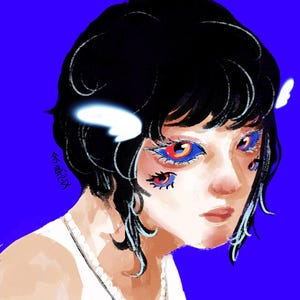 May include: A digital illustration of a person with black hair, wearing a white top and a pearl necklace. The figure has four eyes with red irises and blue eyeshadow, and small white wings near the hair. The background is a solid bright blue.