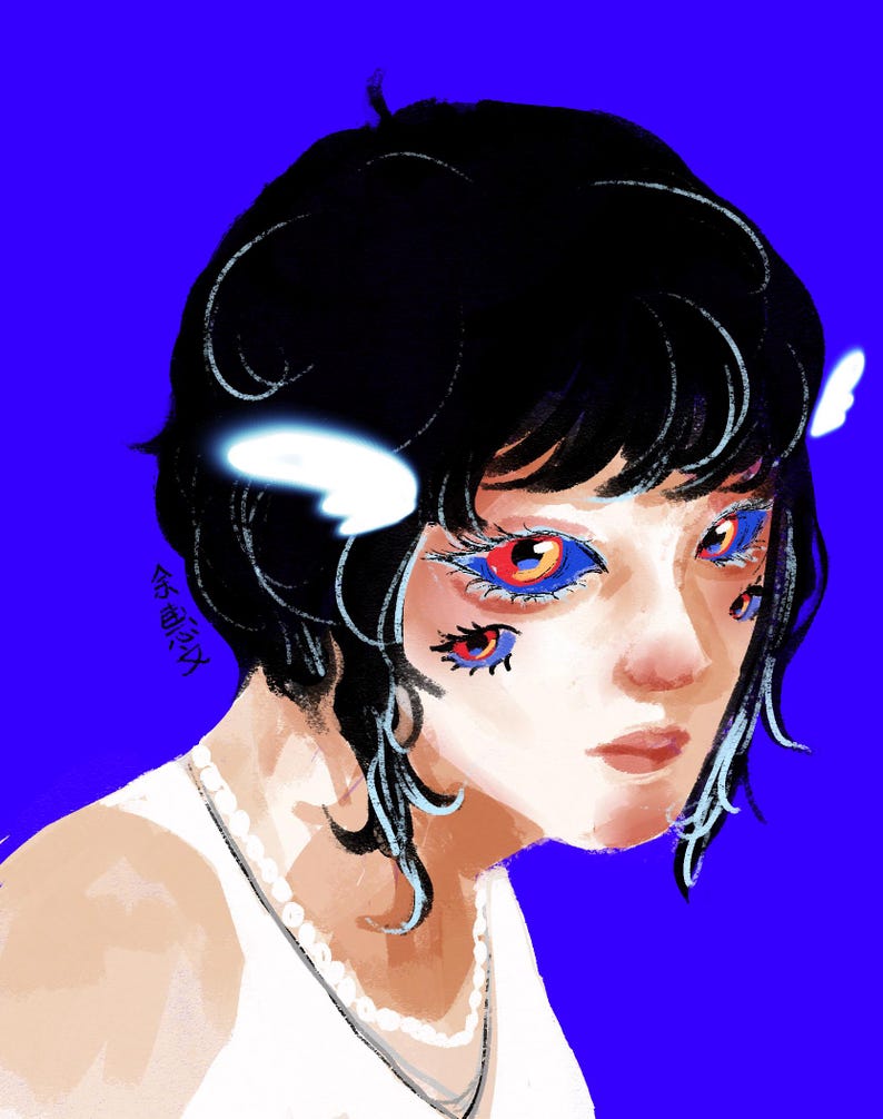May include: A digital illustration of a person with black hair, wearing a white top and a pearl necklace. The figure has four eyes with red irises and blue eyeshadow, and small white wings near the hair. The background is a solid bright blue.