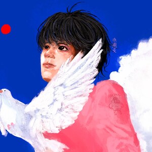 May include: A digital painting featuring a person with dark hair wearing a pink shirt, positioned next to a white dove with spread wings against a vibrant blue background. A small red circle appears in the upper left, and a small character is on the sleeve.