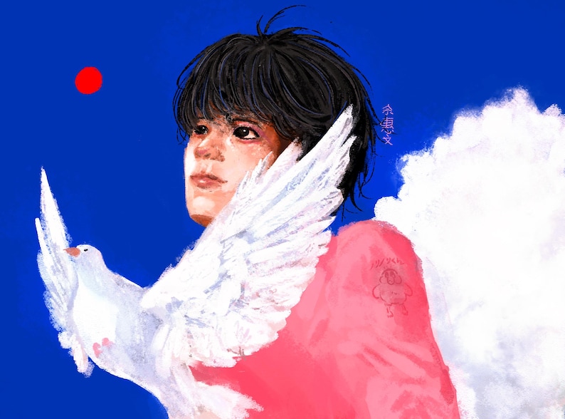May include: A digital painting featuring a person with dark hair wearing a pink shirt, positioned next to a white dove with spread wings against a vibrant blue background. A small red circle appears in the upper left, and a small character is on the sleeve.