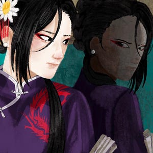 May include: A digital illustration of a person with dark hair styled in braids and a white flower accessory, wearing a purple high-collar garment with a red dragon design. The person is reflected in a mirror against a teal patterned background.