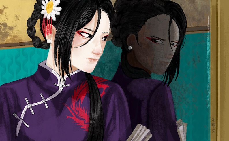 May include: A digital illustration of a person with dark hair styled in braids and a white flower accessory, wearing a purple high-collar garment with a red dragon design. The person is reflected in a mirror against a teal patterned background.