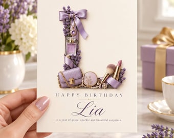 Tarjeta de cumpleaños personalizada con diseño floral de lavanda, inicial personalizada, regalo elegante para ella.