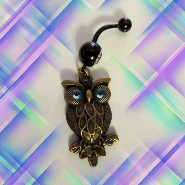 SALE-Belly Ring, Antique Bronze Owl, with crystal Blue Eyes , Belly Button Jewelry, For Women and Teens, For Women and Teens