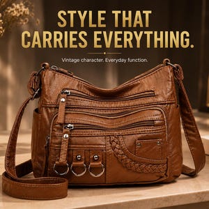 May include: A brown crossbody bag with multiple zippered compartments, a braided accent, and three silver-toned metal rings on the front. The text "STYLE THAT CARRIES EVERYTHING. Vintage character. Everyday function." is visible above the bag.