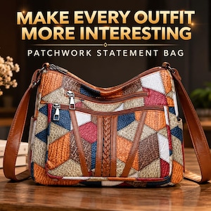 May include: A multi-colored patchwork shoulder bag featuring a textured geometric pattern in shades of brown, blue, white, and red. The bag includes two front zippered pockets, a central braided leather detail, and a brown adjustable shoulder strap.