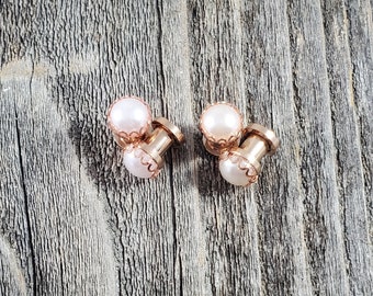 Rose Gold Pearl Gauges White Ivory 6mm 8mm 10mm gauged Earrings Fancy Studs Wedding Scalloped Pearls Elegant Bride 0g 00g 2g Hider Plugs