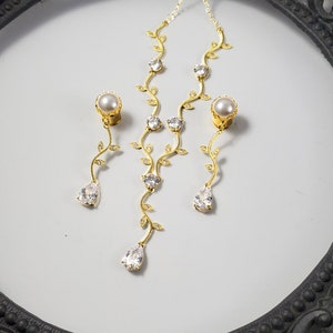 Wedding Set Gold Pearl Dangle Gauges Plugs 6mm - 16mm Necklace Earrings Ivory or White 2g 0g 00g 8mm 10mm 12mm 14mm Bridal Bride Flare Gauge