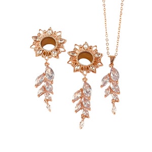 Wedding Set Rose Gold Dangle Gauges Necklace 6mm - 19mm Tunnels 2g 0g 00g 8mm 10mm 12mm 14mm 16mm Bride Gauged Earrings Leaf Leaves Crystal