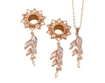 Wedding Set Rose Gold Dangle Gauges Necklace 6mm - 19mm Tunnels 2g 0g 00g 8mm 10mm 12mm 14mm 16mm Bride Gauged Earrings Leaf Leaves Crystal