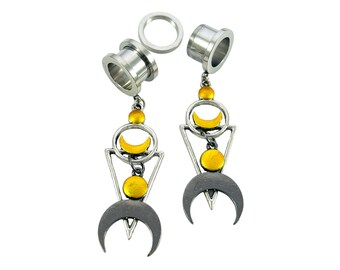 Silver Moon Dangle Gauges 6mm - 25mm Dangles Screw back Tunnels for Ears Gold Black Crescent Moons 8mm 10mm 12mm 14mm 16mm 19mm 2g 0g 00g