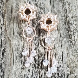 Rose Gold Dangle Crystal Gauges 0g 8mm 00g 10mm 12mm 14mm 16mm 19mm Tunnels Hanging Wedding Screw back Fancy Elegant Lightweight Gauged Plug