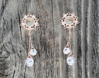 Rose Gold Dangle Clear Crystal Gauges 2g 0g 00g 12mm 14mm 16mm 19mm Tunnels Marquise Hanging Wedding Bride Fancy Elegant Unique 6mm 8mm 10mm