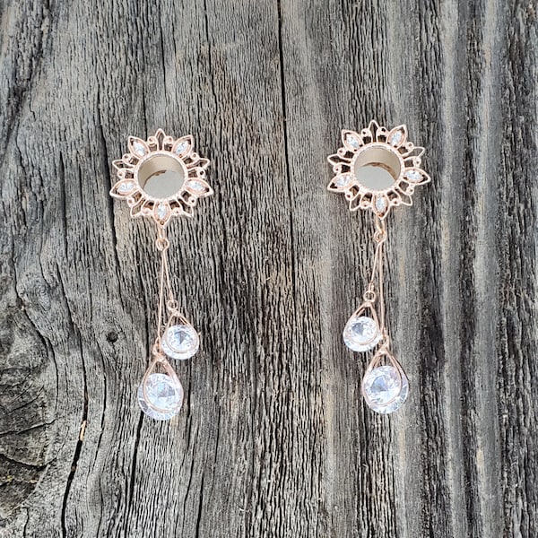 Rose Gold Dangle Clear Crystal Gauges 2g 0g 00g 12mm 14mm 16mm 19mm Tunnels Marquise Hanging Wedding Bride Fancy Elegant Unique 6mm 8mm 10mm