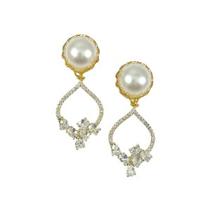 Gold Pearl Plugs Dangle Gauges 6mm 8mm 10mm 12mm 14mm 16mm 18mm 19mm 0g 00g Stone Tunnels Hanging Wedding Bride Bridesmaid Elegant Crystal