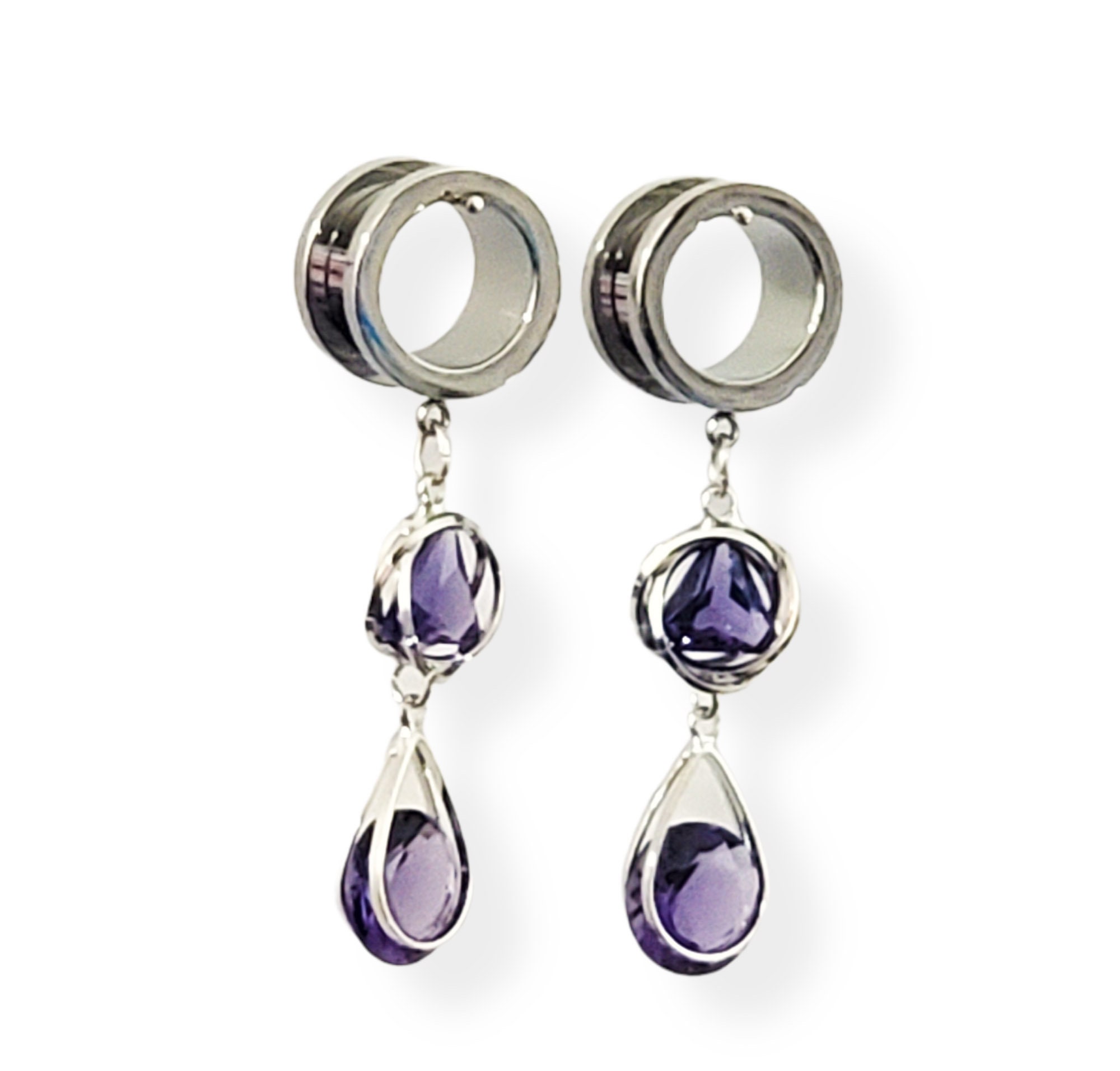 Silver Purple Crystal Dangle Gauges 6mm - 25mm Tunnels Wedding 2g 0g 00g 8mm 10mm 12mm 14mm 16mm 19mm 22mm Screw back Fancy Dangles Tunnel
