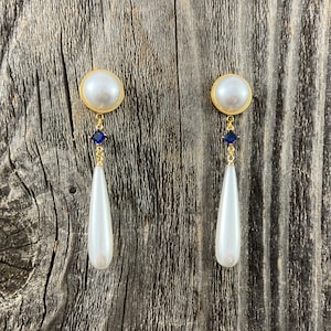 Gold Pearl Dangle Gauges Wedding Plugs 6mm - 19mm Blue Stone 2g 8mm 0g 10mm 00g 12mm 1/2" 14mm 16mm Bride Bridal Bridesmaid Pearls Elegant