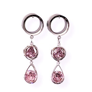 Silver Pink Crystal Dangle Gauges 2g 0g 00g 12mm 14mm 16mm 18mm 19mm 20mm 22mm 25mm Tunnels Hanging Wedding Gauge Screw back Lightweight