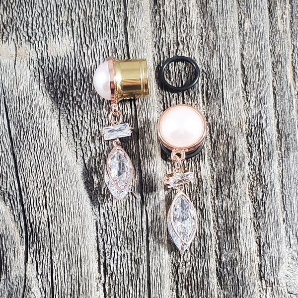 Rose Gold Crystal Dangle Gauges Pearl Wedding Gauge 4mm 5mm 6mm 8mm 10mm 12mm 14mm 16mm 18 19mm 6g 4g 2g 0g 00g White Ivory Bridal Earrings