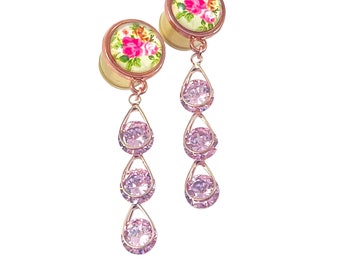 Pearl Rose Gold Pink Crystal Dangle Plugs PAIR White Ivory Gauges Tunnels Wedding 2g 0g 00g 6mm 8mm 10mm 12mm 14 16mm Screw back Floral Ears