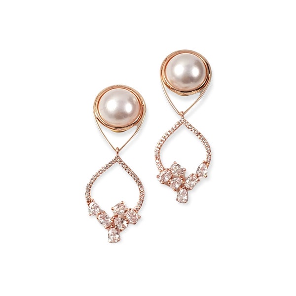 Rose Gold Pearl Dangle Gauges and/or necklace 6mm - 14mm Crystal Plug earrings Fancy Wedding Bride Diamond Bridal 8mm 10mm 12mm 12g 0g 00g
