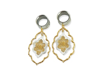 Silver Gold Dangle Gauges 2g - 25mm Filigree Moroccan Dangles Tunnels Hanging Choose Size Screw back Hollow Statement Plugs for Ears Tunnel