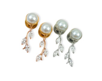 Rose gold Silver Crystal Dangle Gauges 2g - 19mm White Or Ivory Wedding 6mm 8mm 10mm 0g 00g 12mm 14mm 16mm Bride Leaf Leaves Diamond Stones